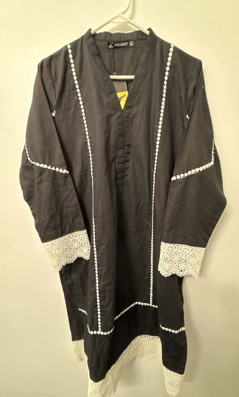 Present Collection Black Embroidered Long Kurta with Lace Trim Size L